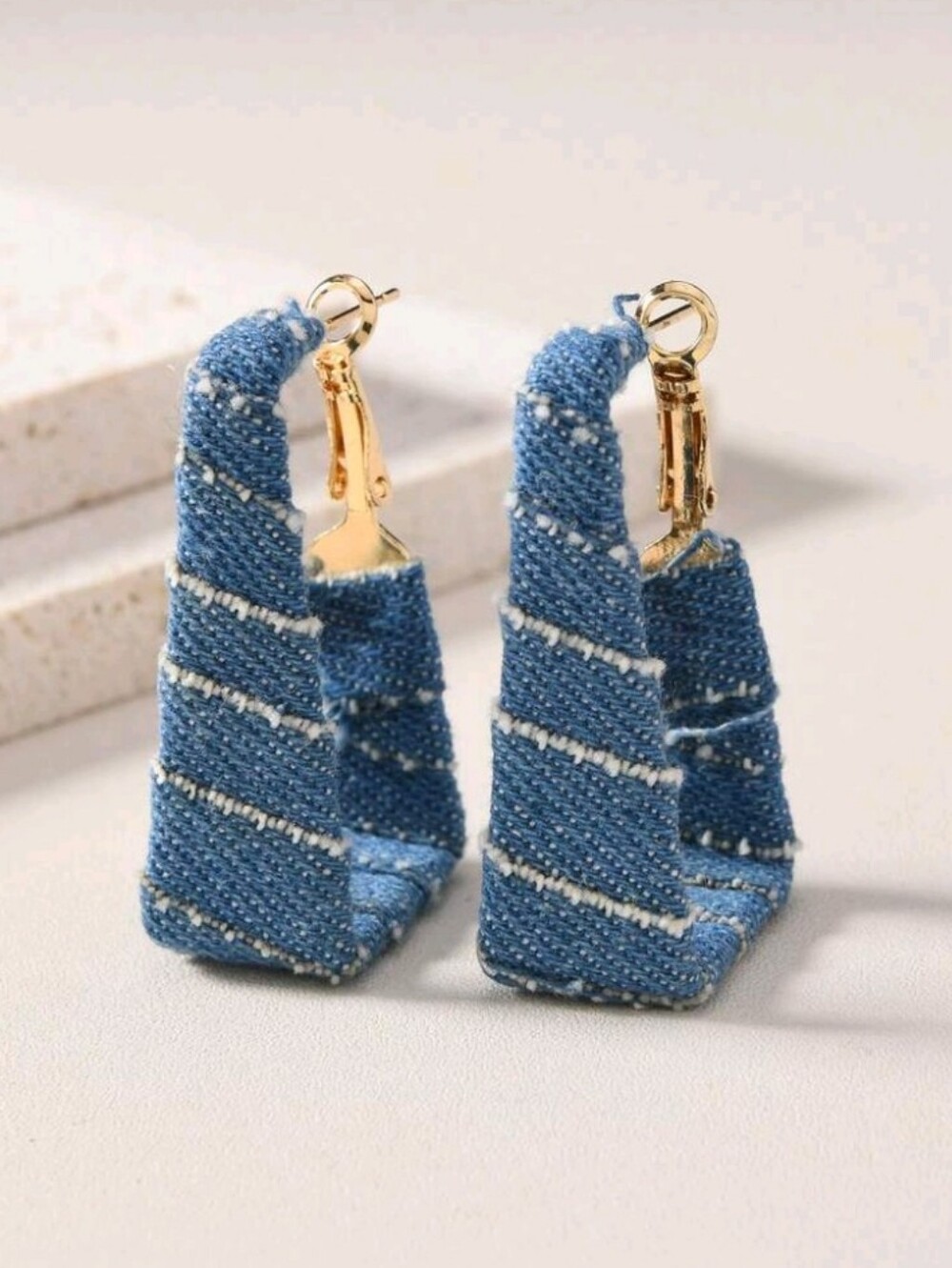 NEW! Blue Denim Wrap Geometric Drop Gold Hoop Earrings - Women's Jewelry